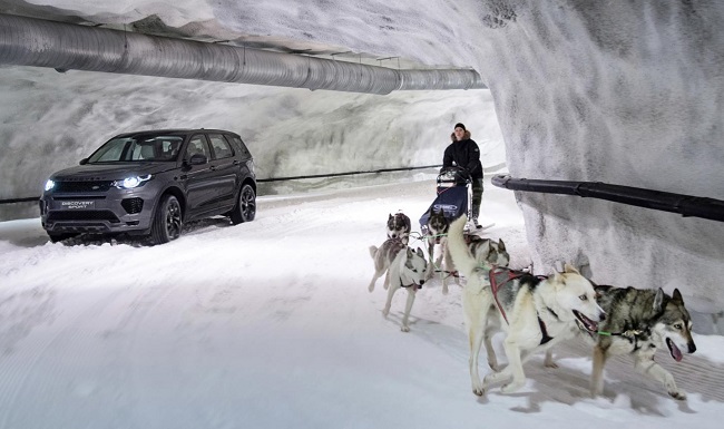 COOL RUNNINGS: The Land Rover Discovery Sport SUV and huskies sled team battle it out 35m underground. Image: Jaguar Land Rover